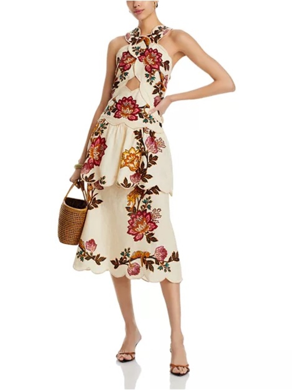 FARM Rio Leopard Flowers Print Cutout Detail Linen Blend Dress